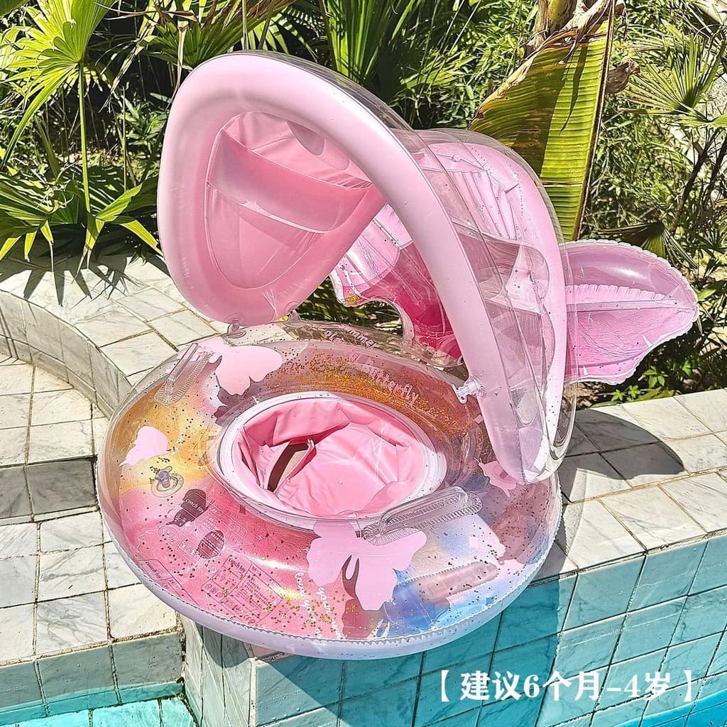 Bóia Para Bebê Com Cobertura Proteção Solar Bote Assento com Apoio Guardasol Piscina PVC Resistente