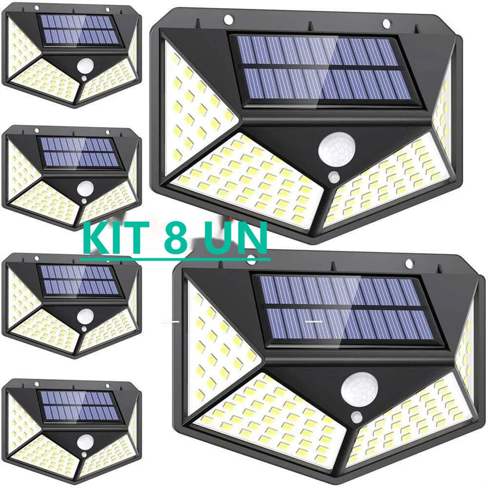 KIT 8 Peças Luminária Solar De Parede Refletor 100 Led Sensor Presença Movimento Prova D' Água Com 3 Funções Solar light