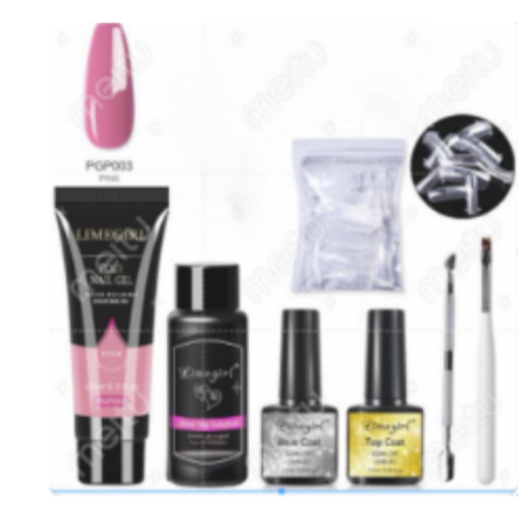 Kit Poligel Alongamento Unha COMPLETO 7PÇS/ Polygel 15g+Molde 20 PÇ+Top Coat+Base Coat+Pincel+Espatula