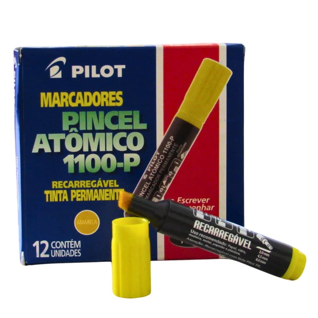 PINCEL ATOMICO 1100 CANETÃO AMARELO RECARREGAVEL PILOT COM 12 UNIDADES USO ARTISTICO E PROFISSIONAL