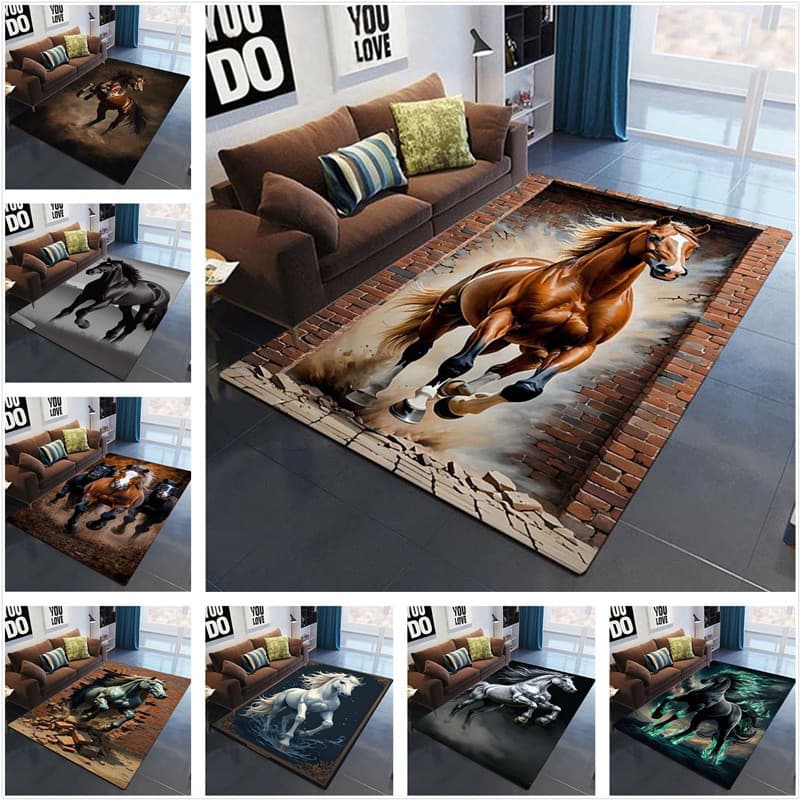 Ranch Animal Horse Farm Running Black Junma 3D Impresso Tapete Casa Sala De Estar Corredor Varanda Área Grande Macio Cam