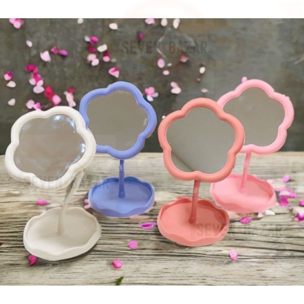 Espelho Flor Redondo Maquiagem com Base para Porta Joias Brincos Pequeno 10X19cm