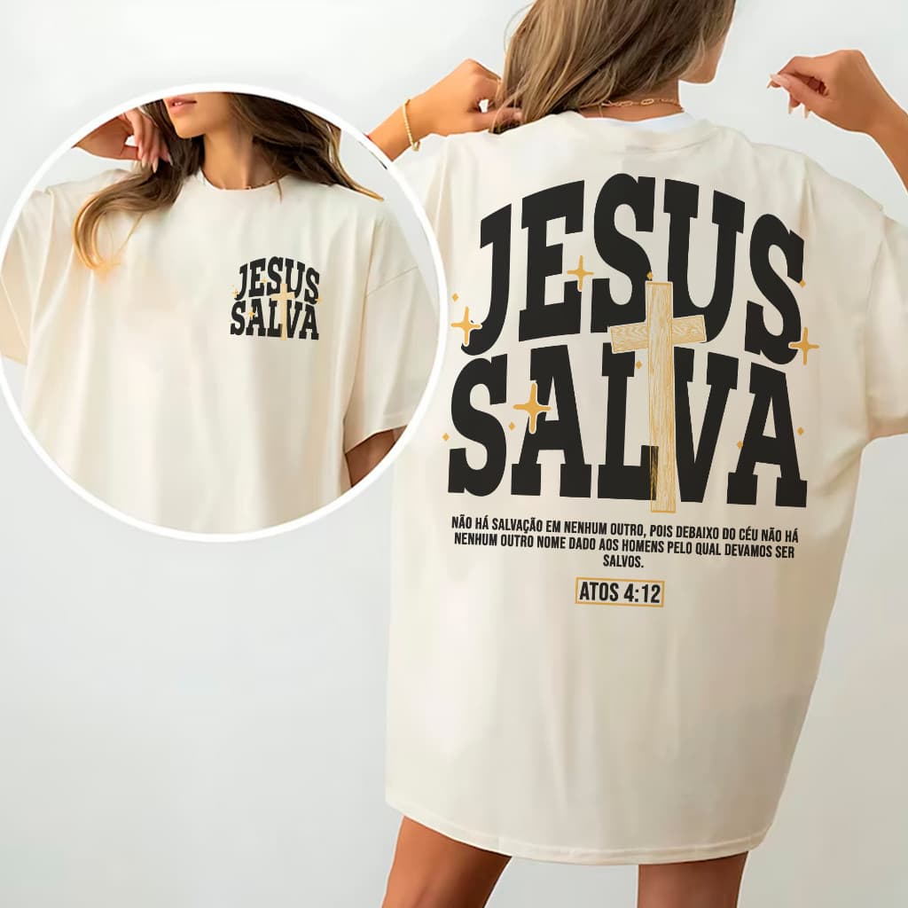 Camiseta Unissex Algodão Gospel Cristã Jesus Salva Cruz