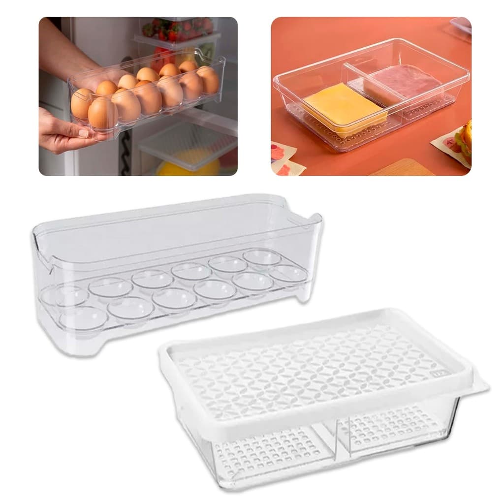 Kit Organizador Porta Ovos + Porta Frios Acrílico Empilhavél Transparente Geladeira UZ