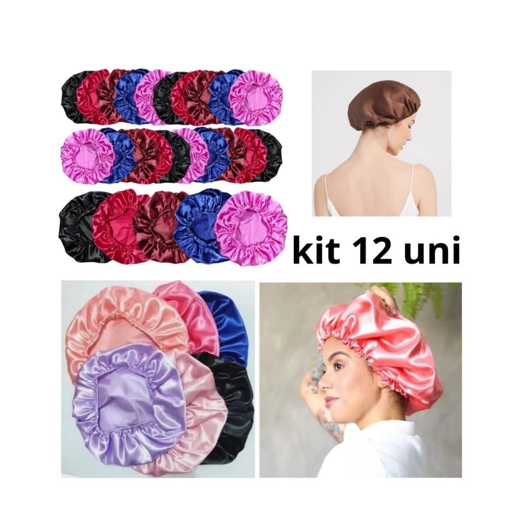 Kit 12 Touca de Cetim Antifrizz Banho Cores Sortidas