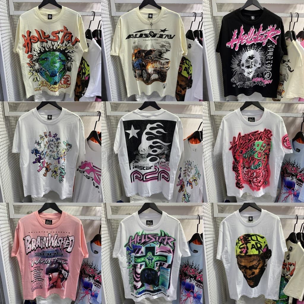 HELLSTAR Moda Tendência Unissex Plus Size Camiseta Solta de Manga Curta com Decote Redondo Vintage Versátil Casual Meia