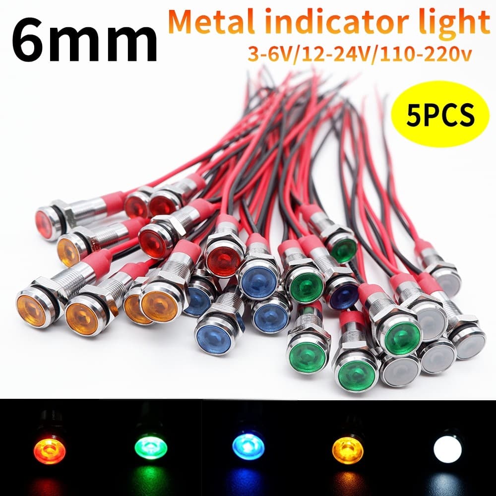 5 Pçs 6mm Luz Indicadora De Metal LED Lâmpada De Sinal De Advertência Piloto Com Fio 3V 5V 6V 12V 24V 220V Vermelho Lara
