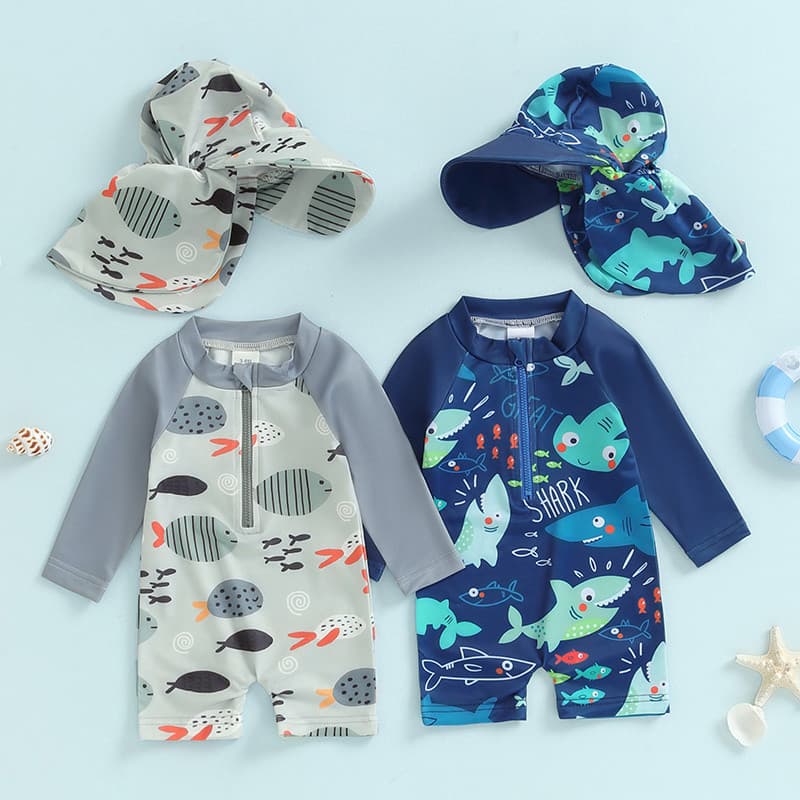 Conjunto De Roupa De Banho Infantil Com Estampa De Tubarão E Peixe Zíper Manga Comprida Gola Redonda