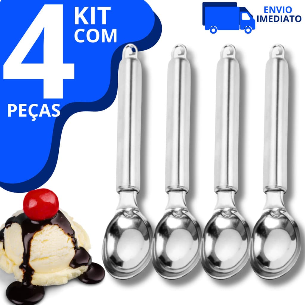Kit 04 Colher Pegador De Sorvete E Açaí Concha Em Aço Inox 20,5cm Reforçada