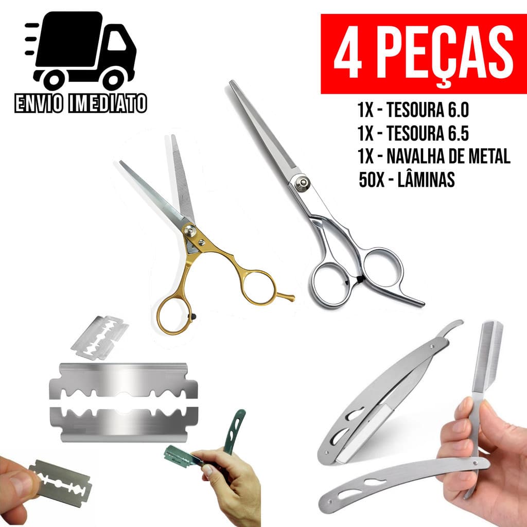 Kit Cabeleireiro Tesoura de Cabelo Navalha e Lâmina 4 Peças Profissional Aço Inox Barbearia Salão