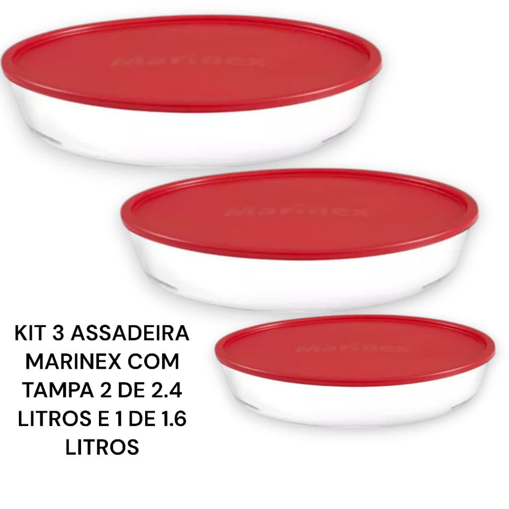 Kit 3 Assdeiras Travessa Lasanheira Oval de Vidro Nadir Marinex com Tampa Forno AirFray Micro-ondas