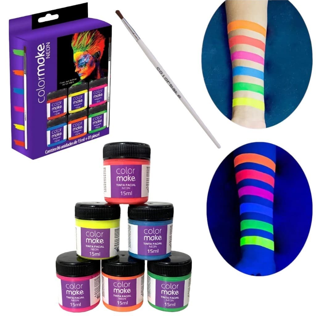 6 Tintas Neon Facial + pincel Color Make Maquiagem Festa Fluorecente