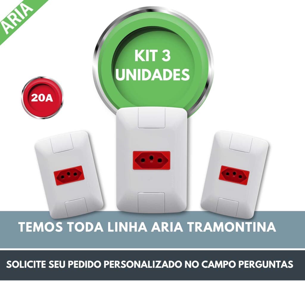 Conjunto Tomada 2P+T Tramontina Aria 20A Vermelha Kit 03 Unidades