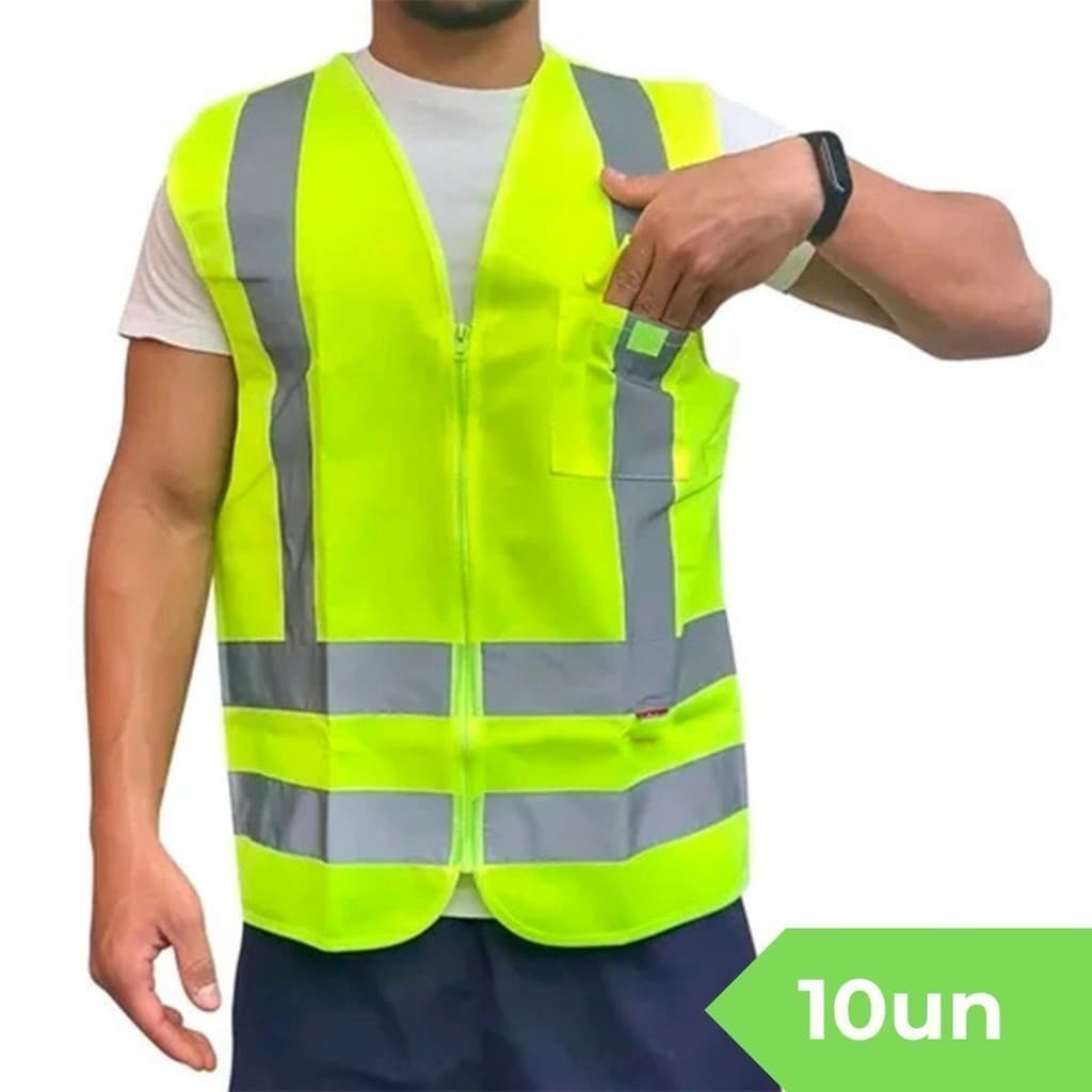 Kit 10 Colete Refletivo Segurança Faixa Sinalização com Bolso Verde Fluorescente Neon