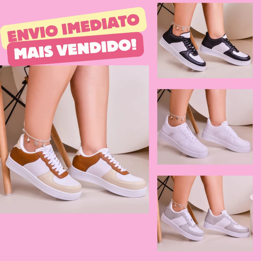 Tênis Casual Feminino Confortável Branco Caramelo Preto Dia a Dia Estiloso Moda Blogueira Barato