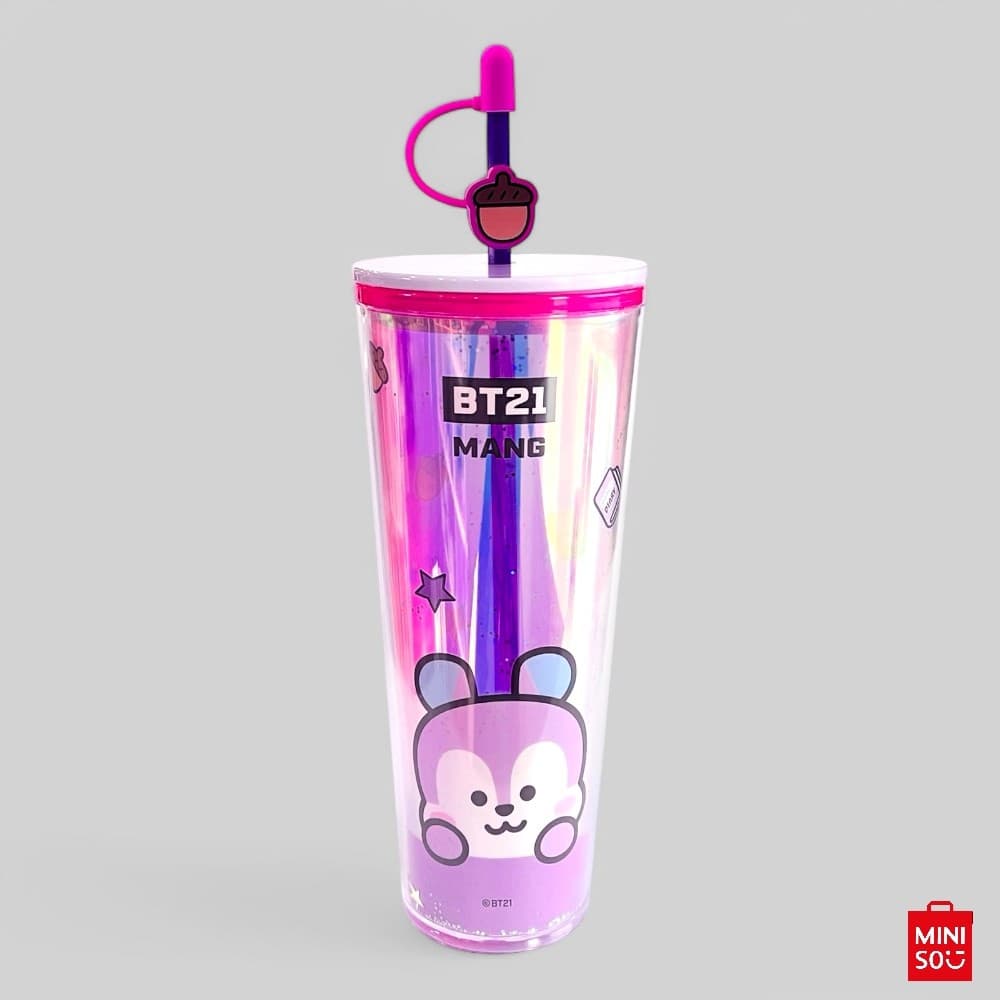 Copo BT21 Mang Holográfico 800ml Original Miniso – Tampa Vedada e Canudo Reutilizável, Ideal para Presentes e Colecionad