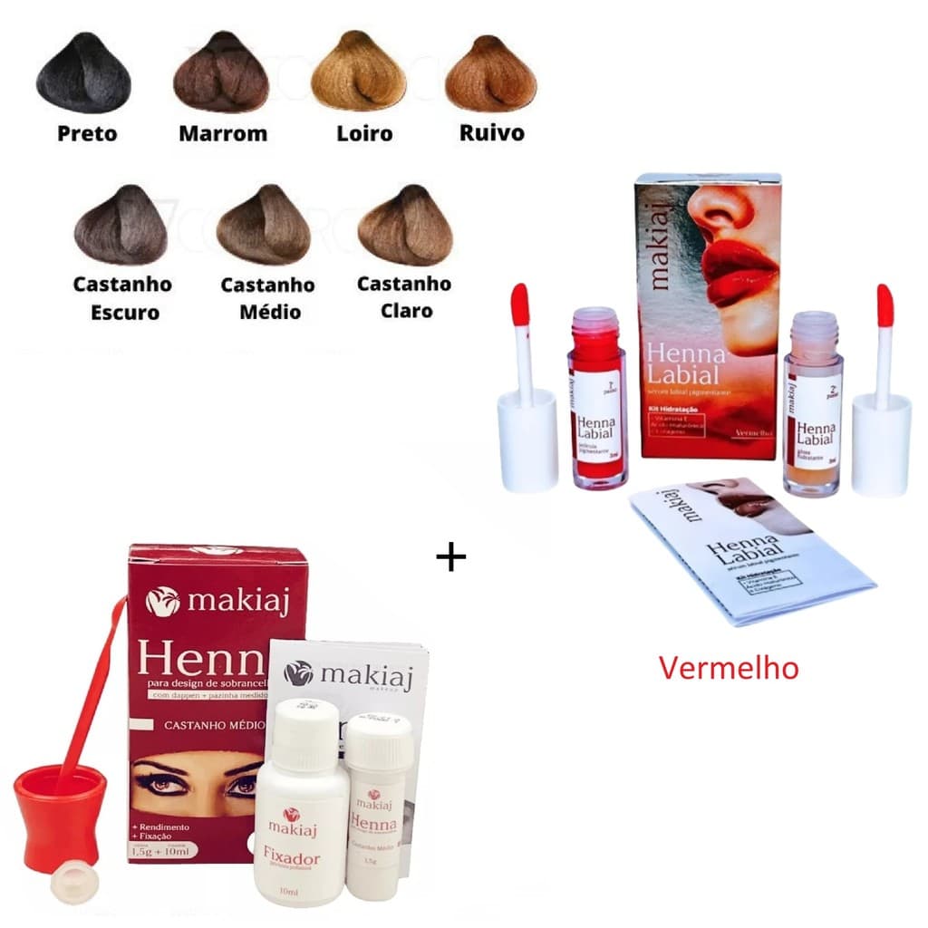 Kit Sobrancelha Henna Makiaj Completo Gel Fixador 7 Cores 1 Henna+1 henna Labial