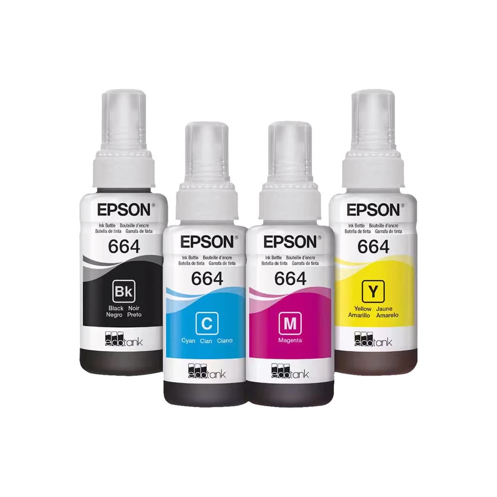 Kit Refil de Tinta Epson T664 Amarelo, Ciano, Magenta, Preto