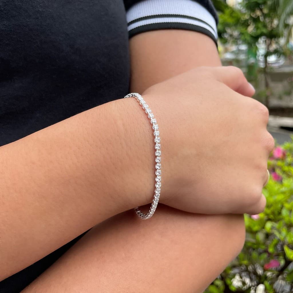 Pulseira Riviera 2mm Cristal Prateada