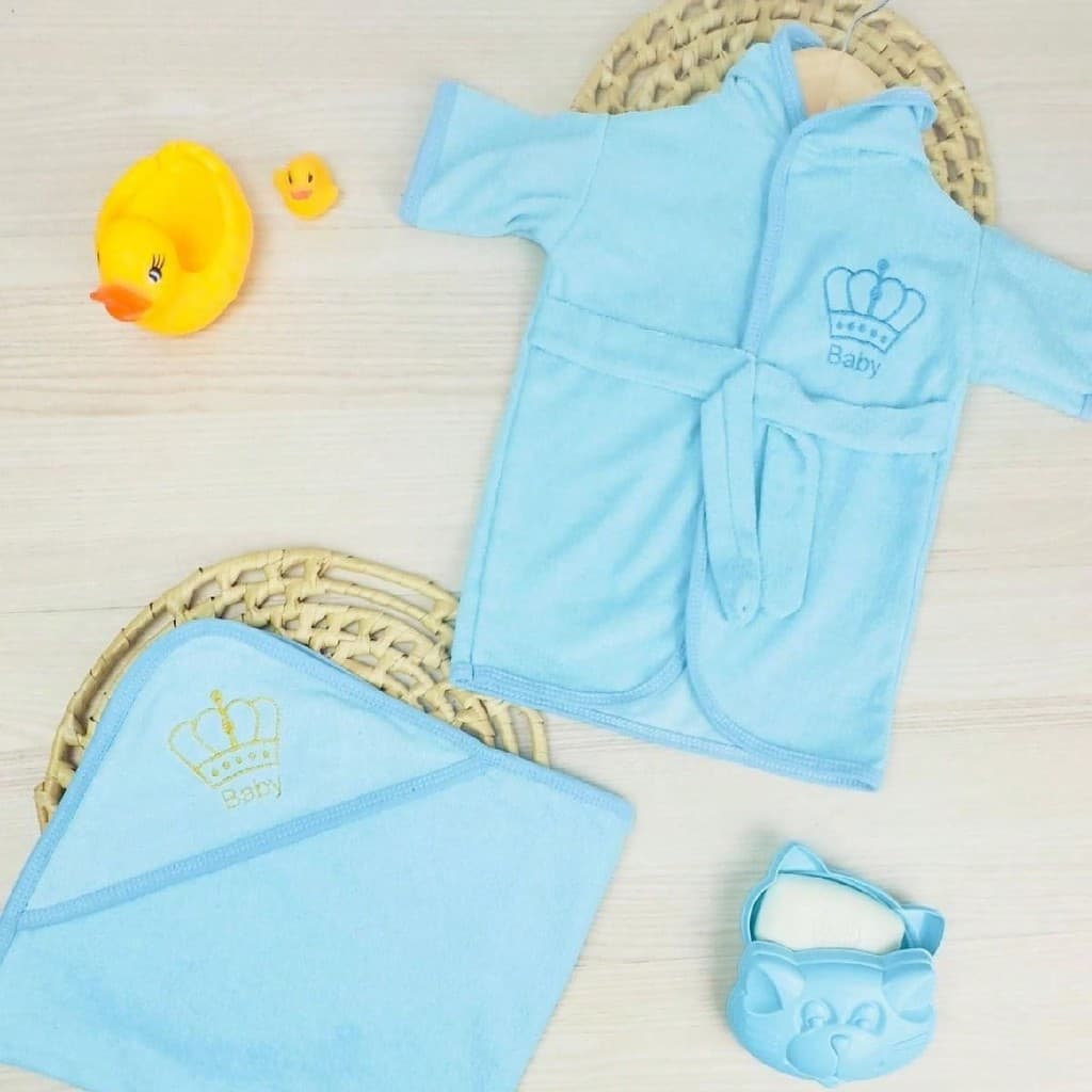 Kit de Banho 3 Peças Roupão + Toalha + Saboneteira de Bebê Menino