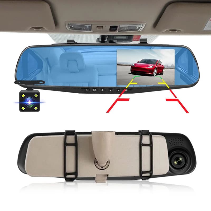 Câmera Veicular DVR 4.3" Espelho Retrovisor FHD 1080P com Lente Dupla, Gravador de Vídeo Automotivo