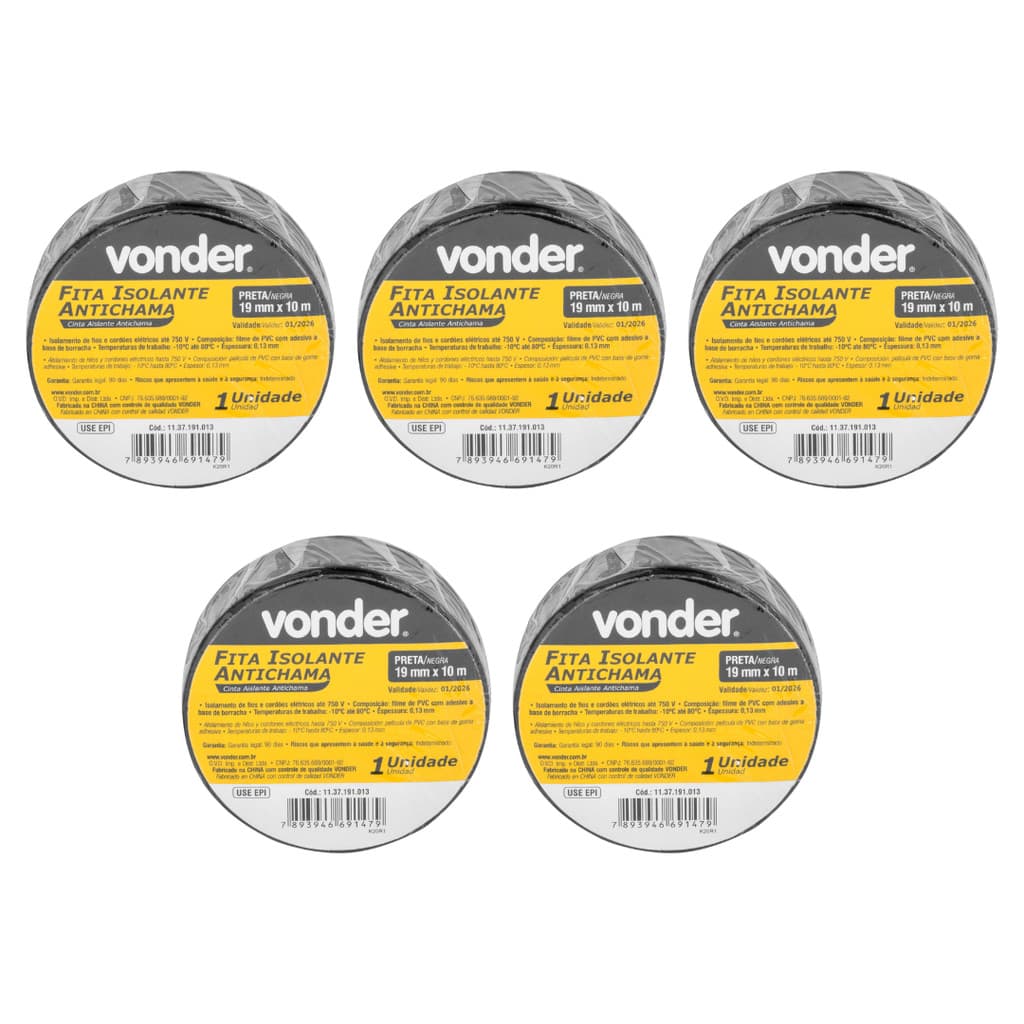 Kit 5 Fitas Isolante Anti Chama Preta de 10 Metros - Vonder