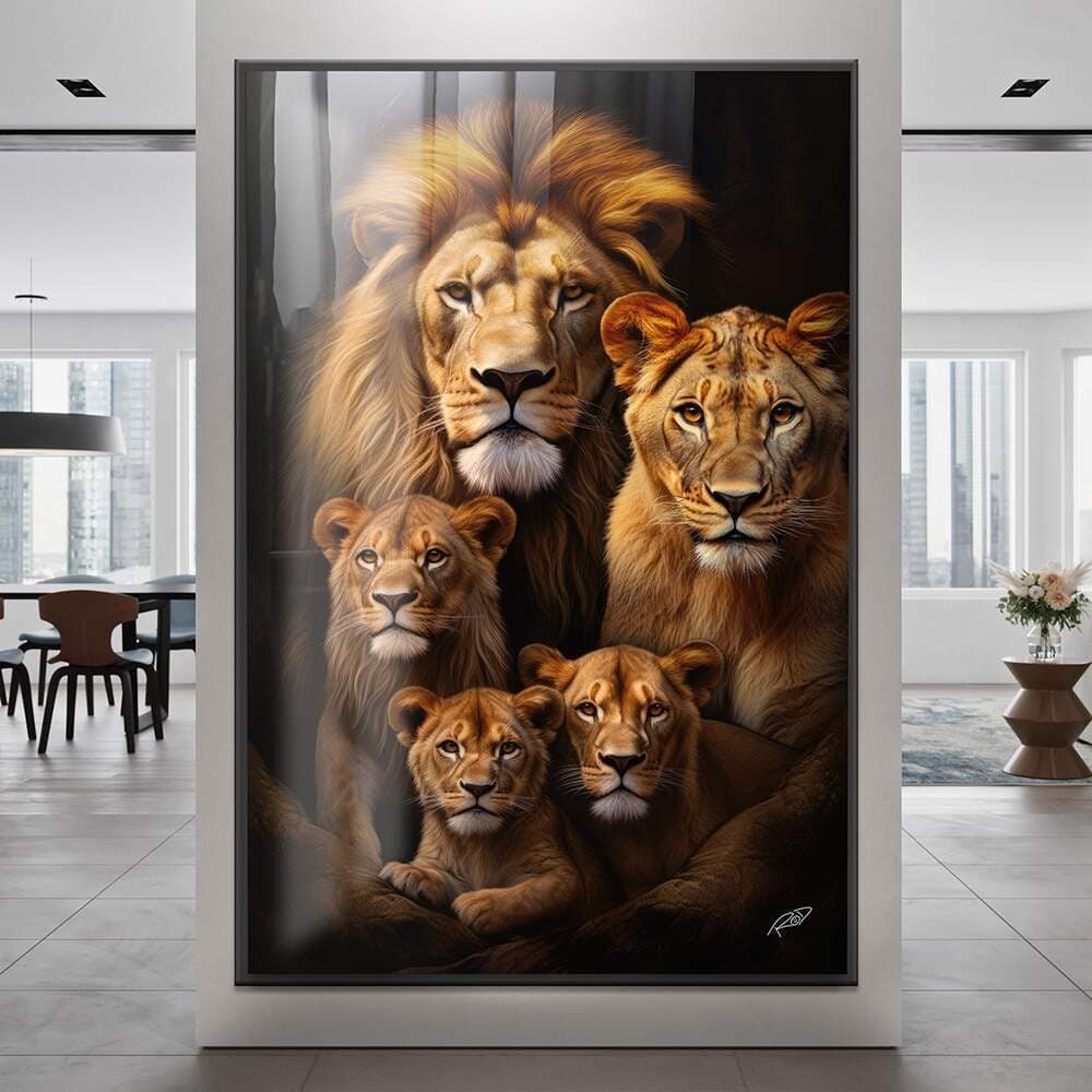 Quadro Decorativo 110x80cm Família de Leão 3 Filhotes Hall Luxo Sala Quarto Casa Decoração De Parede Mdf Adesivo