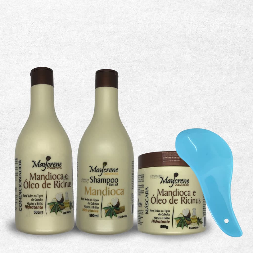Maycrene Kit Mandioca Com Óleo de Ricinus - 1 Shampoo + 1 Condicionador + 1 Máscara + Escova de Pentear