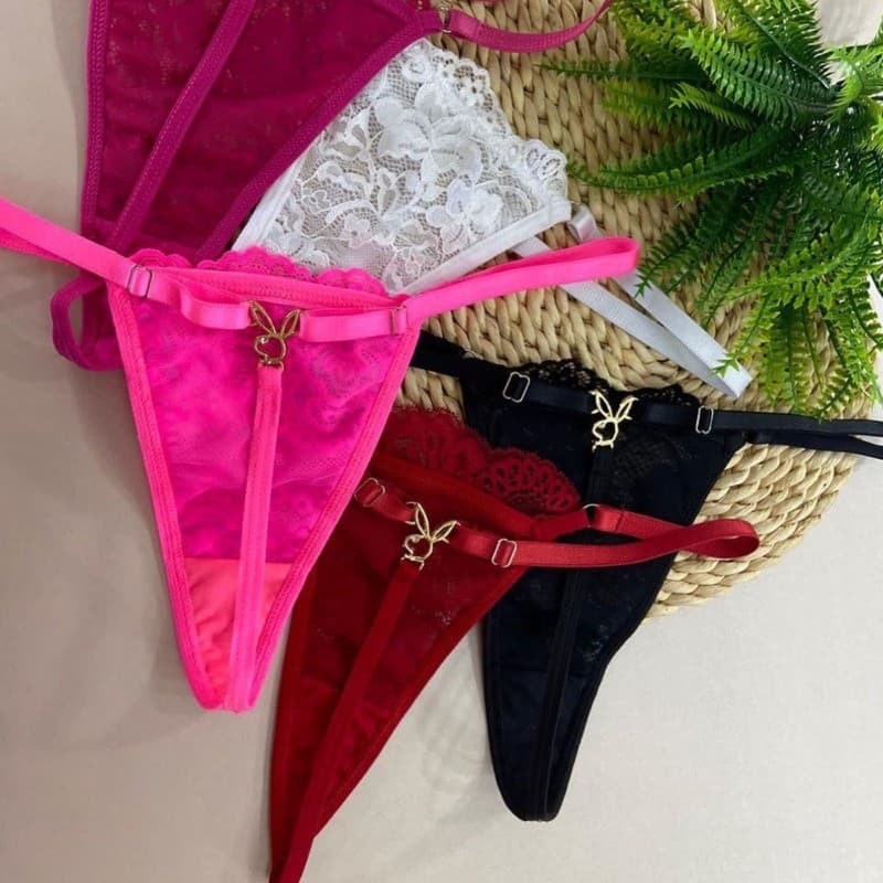 Kit 6 Calcinhas Pingente Playboy Rendada Super Fio sensual