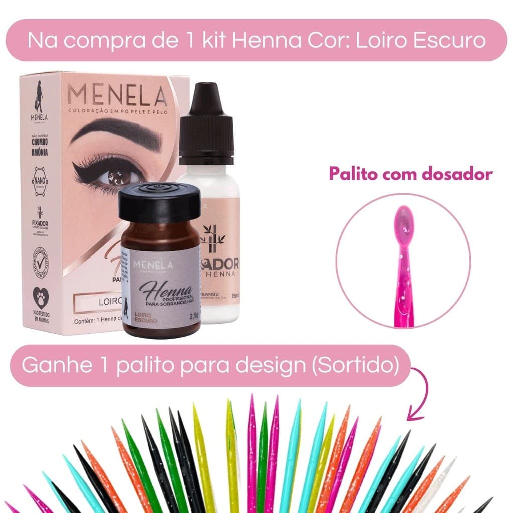 Kit Henna Loiro Escuro Menela + Palito Para Design De Sobrancelhas (Sortido)