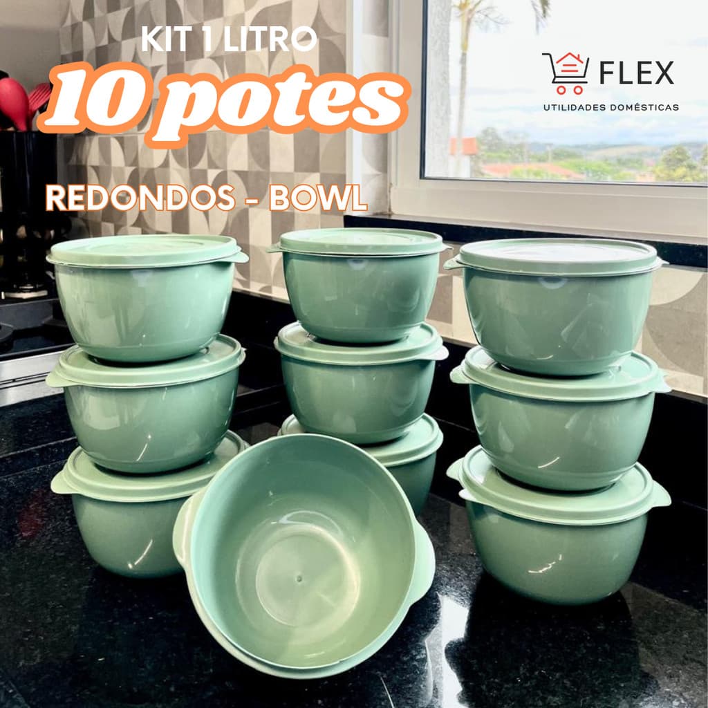 Jogo de 10 Potes Bowls Plásticos Tapoer com Tampa - 1 Litro - Redondo