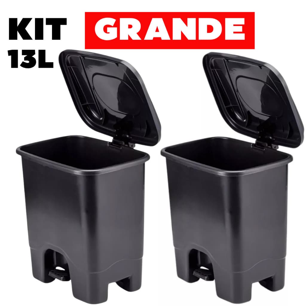 Kit 2 Lixeiras Cesto Com Tampa Grande Com Pedal Preta Escritório Banheiro Cozinha