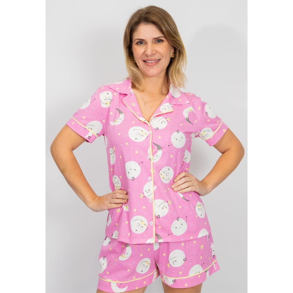 Pijama Feminino Americano Manga Curta Botões Frente Algodão Pós-Cirúrgico Amamentação - Lua Rosa