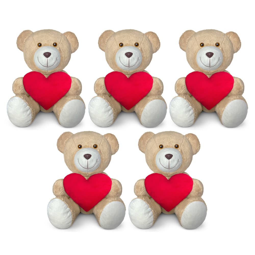 Kit 5 Ursinhos De Pelúcia Com Coração Antialérgico Amor - 20cm