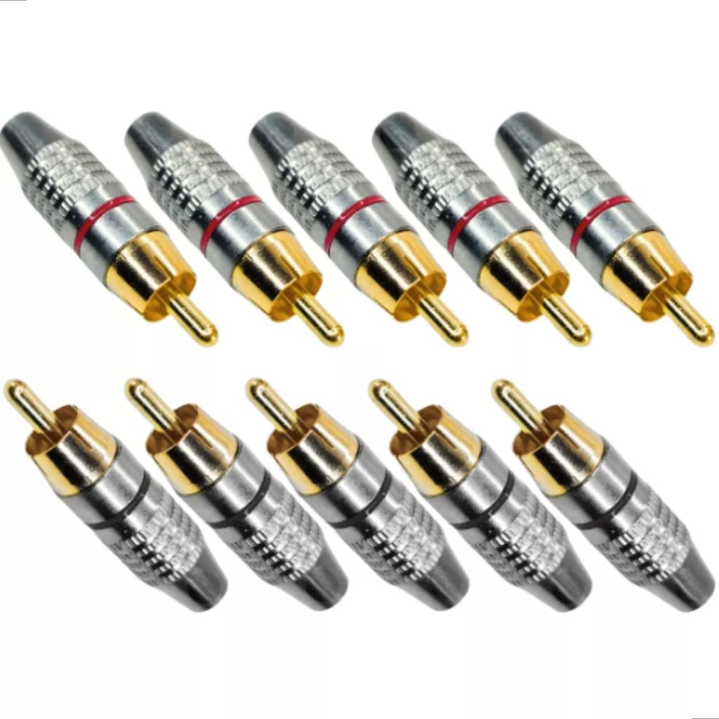 Kit 10 Plug Rca Macho Metal Niquelado Ponta Banhada Ouro