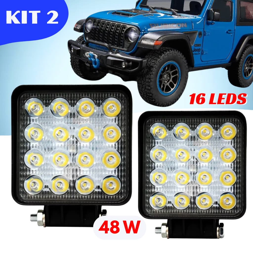 KIT 2 Farol de Milha Led Branco Frio Quadrado Redondo Milha 48w 16 Leds Carro Moto Caminhão Jeep