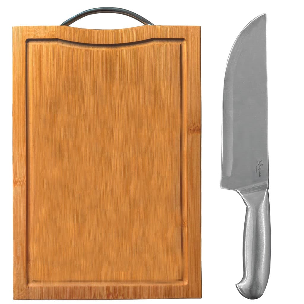 Kit Churrasco Faca Linha Texas 8” Aço Inox + Tábua de Corte Bambu com Alça