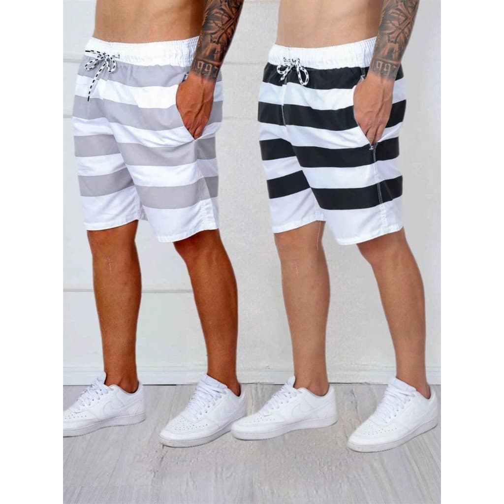 KIT 2!!!  Bermudas listrada Masculinas Mauricinho Shorts Seca Rápido Surf Estampada Praia Tactel Masculina Adulto