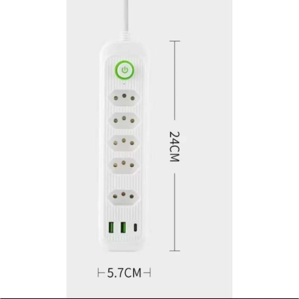Régua de Energia 5 Tomadas + 2 USB + Tipo-C | Cabo 2m | Bivolt com Botão ON/OFF – Carregue Tudo com Segurança!