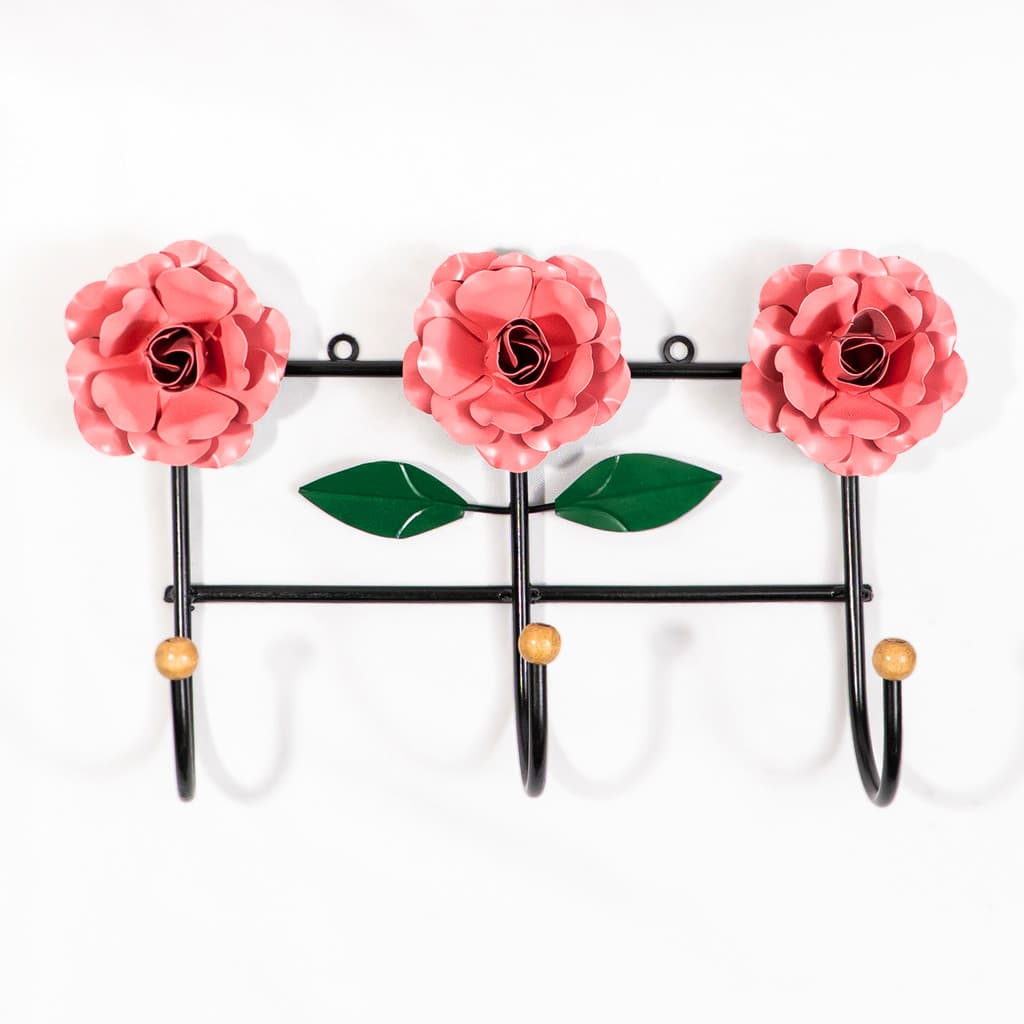 Cabideiro de Parede Suporte Artesanal 3 Ganchos Flor Rosa