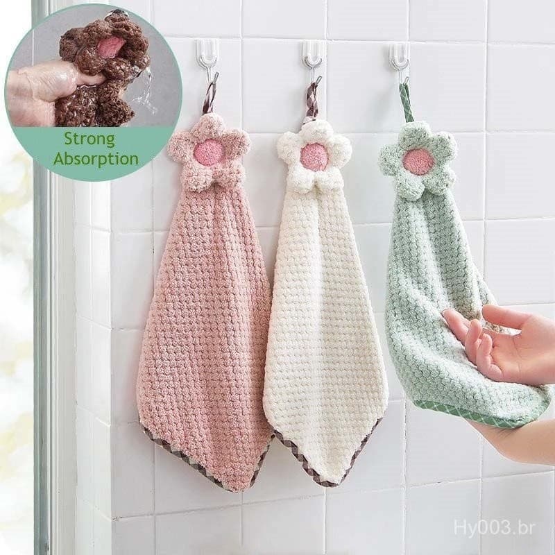 1 PECA / 3 PECAS Cartoon Coral Pattern Girassol Absorvente Veludo Mão Toalhas Com Pendurado Rendas Para Cozinha Banheiro
