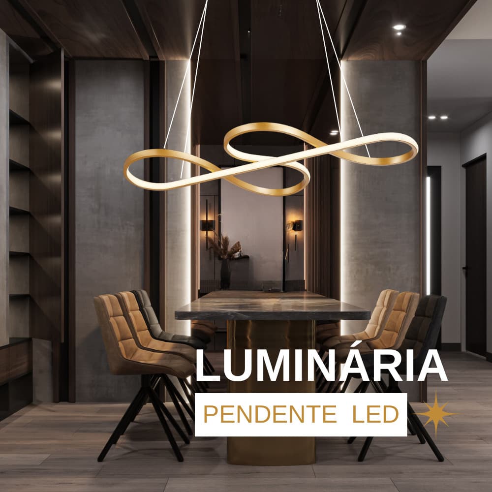 Lustre Luminária Suspensa  Fixada No Teto Hitec Dourada Led 46W Bivolt Luxo Moderno Iluminação Elegante Teto Casa