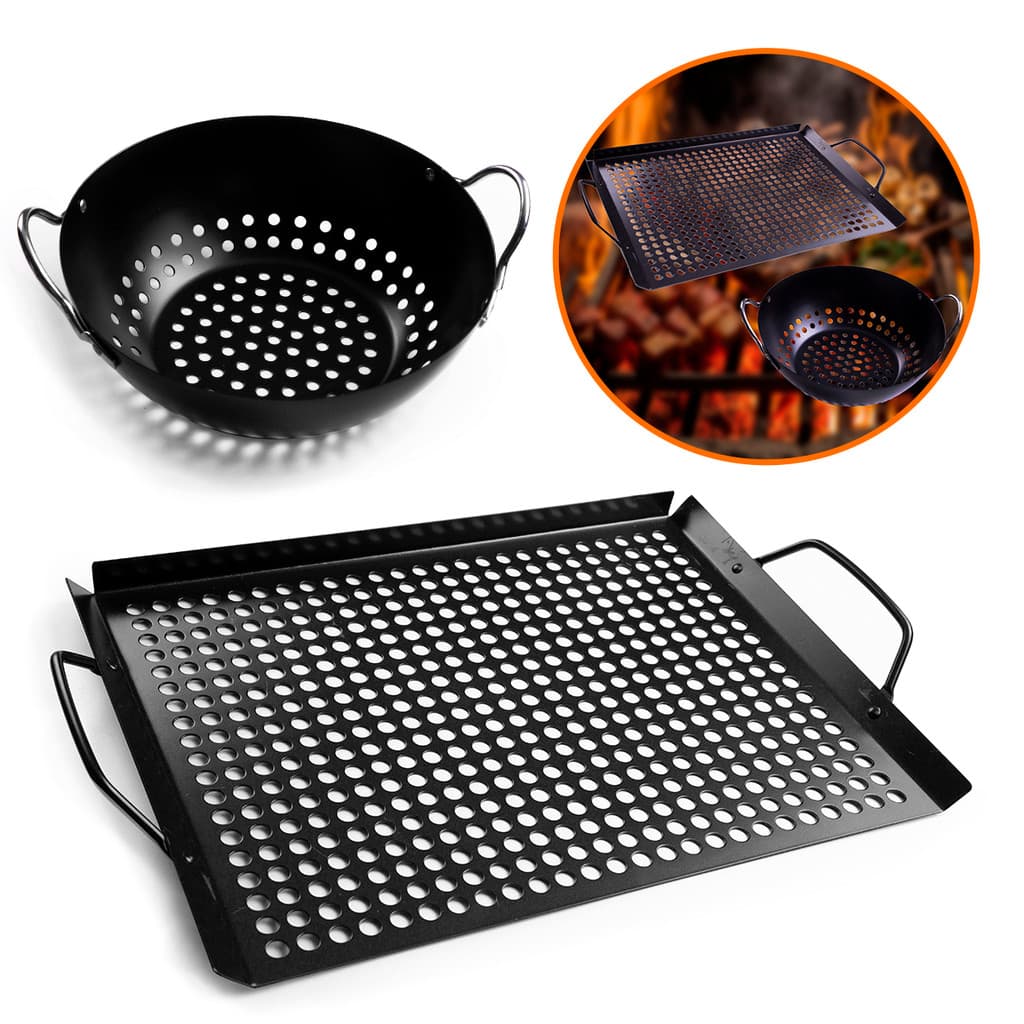Kit Panela Wok 20 cm e Grelha Perfurada 43x28cm Antiaderente Mundial Churrasco Legume Porções