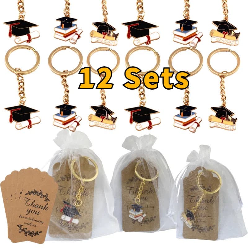 36 Peças De Lembrancinhas Para Festa De Formatura , Chaveiros Com Etiquetas De Agradecimento E Bolsas De Organza Brancas
