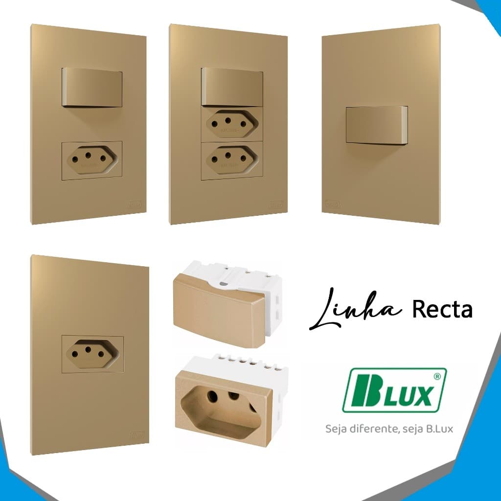 Tomada 10a 20a Interruptor Simples e Paralelo Recta Areia Satin Conjunto Placa Módulo Blux 4x2