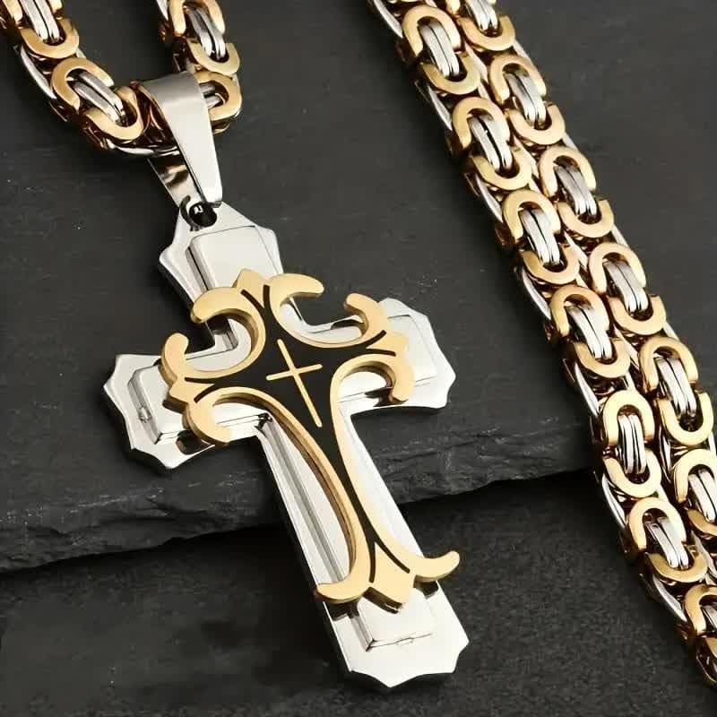Colar Unissex Vintage em Aço Inoxidável | Pingente Cruz Multicamadas Artesanal | Jóias Religiosas Florideco 2MOP