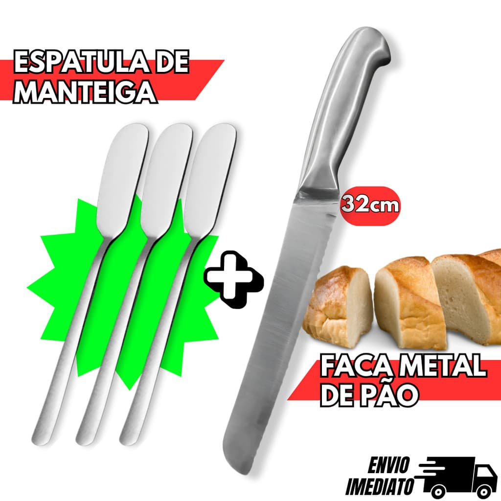 Faca de Pão Serrilhada Inteiriça + 3 Espatulas de Manteiga Kit Lanches Frios