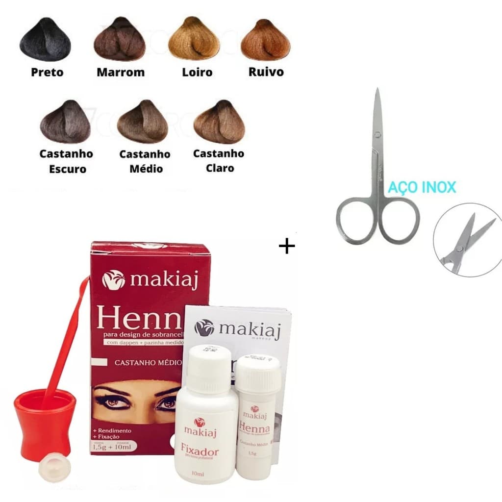 Kit Sobrancelha Henna Makiaj Completo Gel Fixador 7 Cores 1 Henna+1 Tesoura