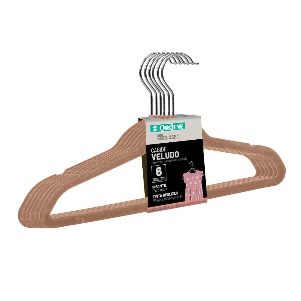 Cabide de Veludo Infantil Bege 28cm My Closet Ordene 6 Unidades