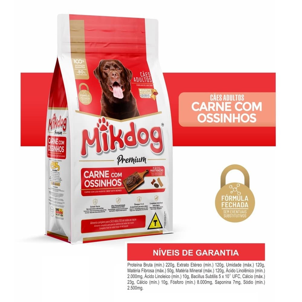 Mikdog Carne Ossinhos Premium Ração Cachorros Adultos 7kg